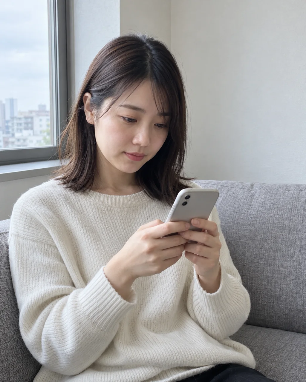 スマホを見ながら考えている女性